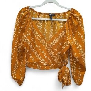 BCBG Women's Floral Wrap Crop Top Tie Front Balloon Sleeves Boho Cottagecore